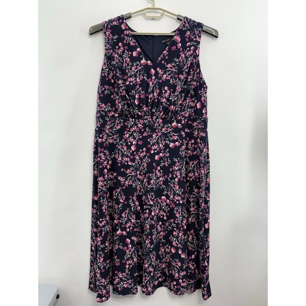 Maggy London Midi Dress Sleeveless Fit & Flare Floral V Neck Blue Pink Women 16W